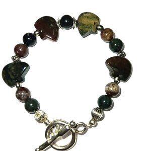 Carved Indian Agate Bear Fetish Gemstones, Agate Beads, Silver Beads Bracelet